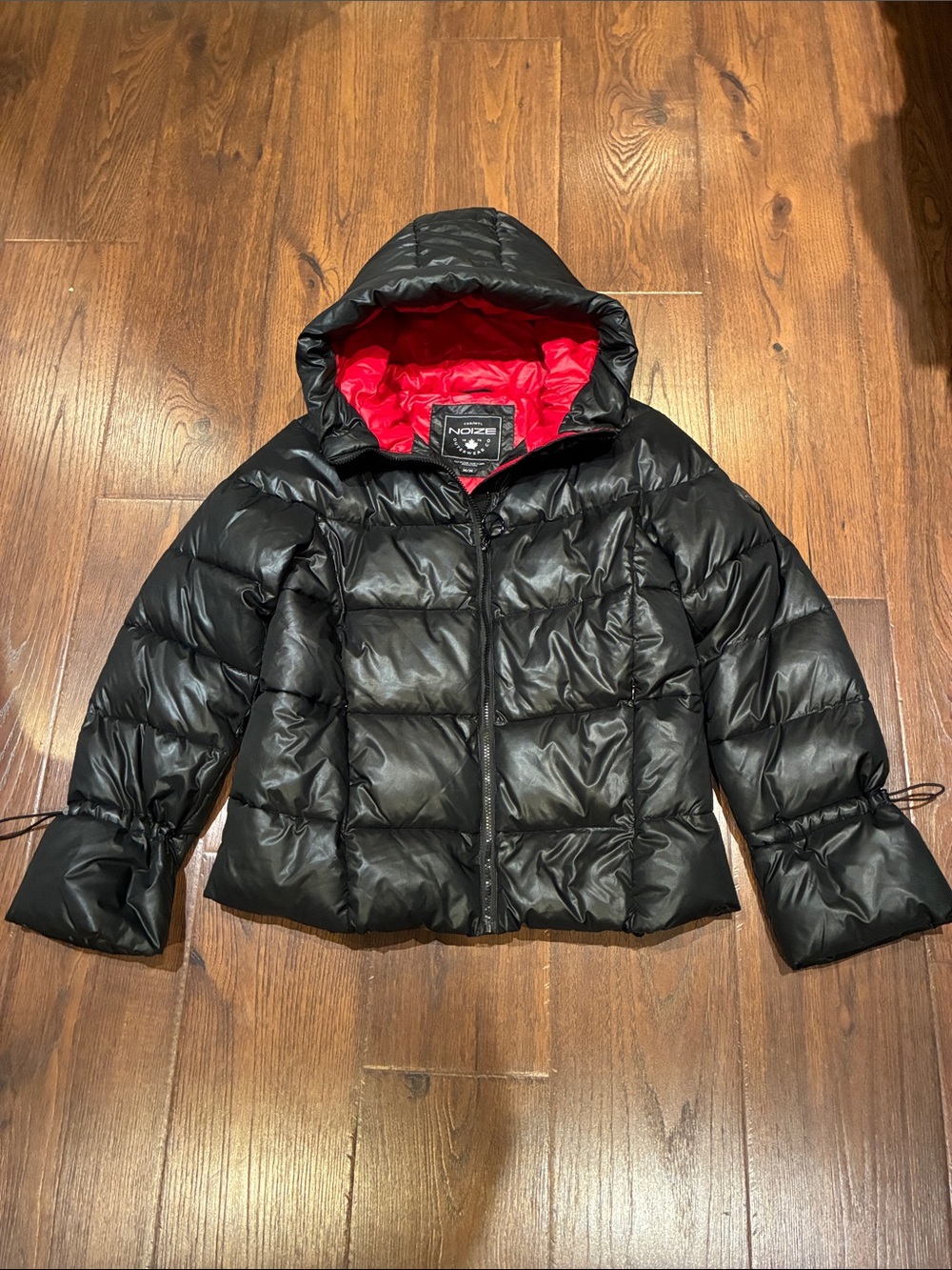 Noize Black Hooded Puffer Jacket with Red Interior